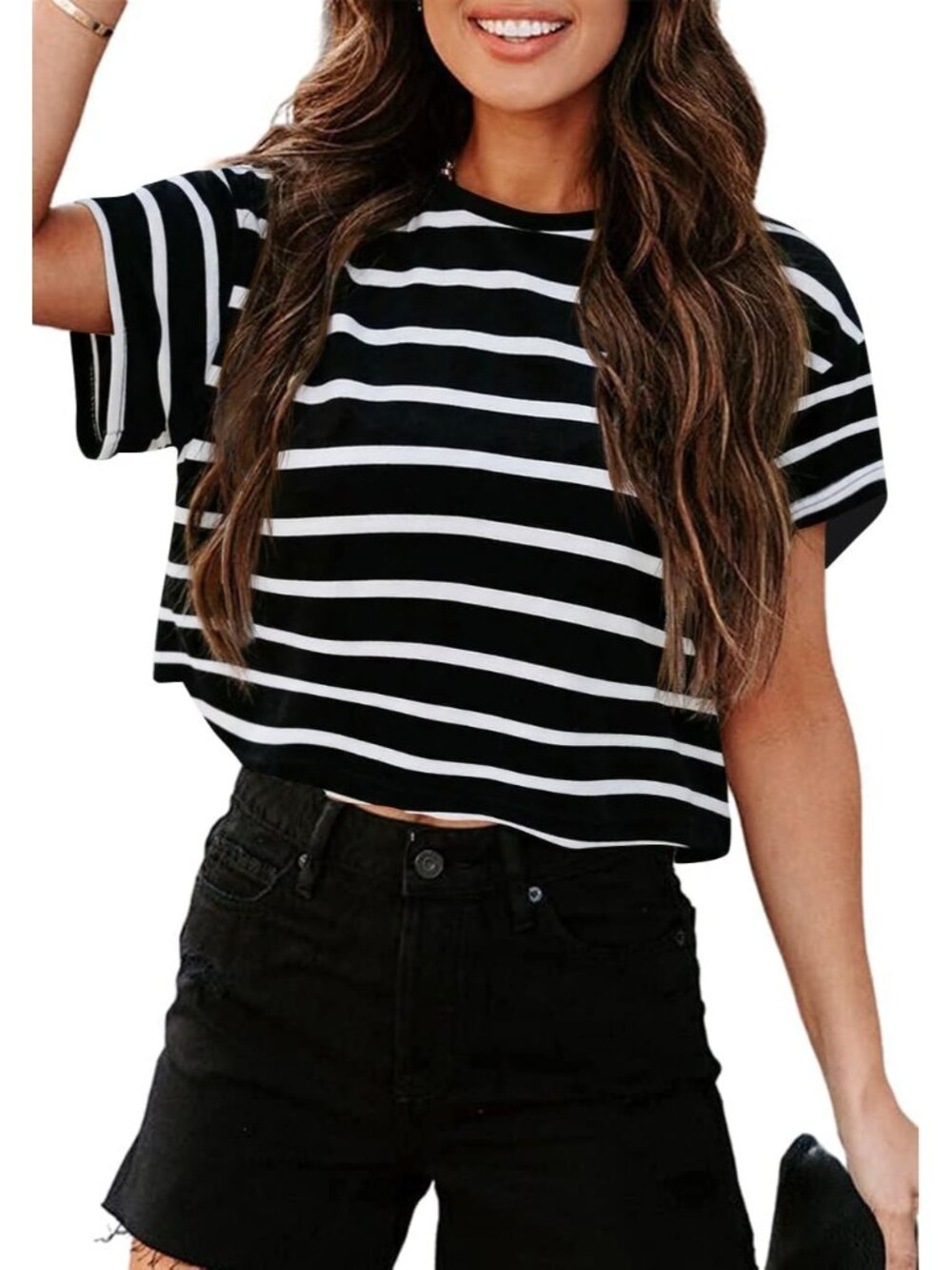 Women's Black Stripe Short Sleeve Crew Neck Loose Casual Drop Shoulder Crop Tops